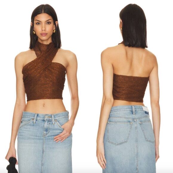 NWT House of Harlow 1960 dark brown lace Massi criss cross high neck crop top - Picture 1 of 6